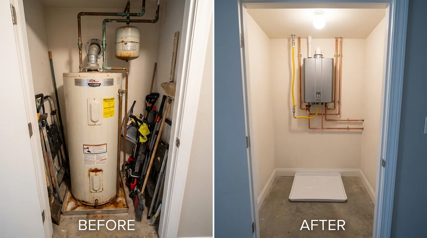 Tank water heater versus wall-mounted tankless unit comparison for Jamaica, VT homeowners
