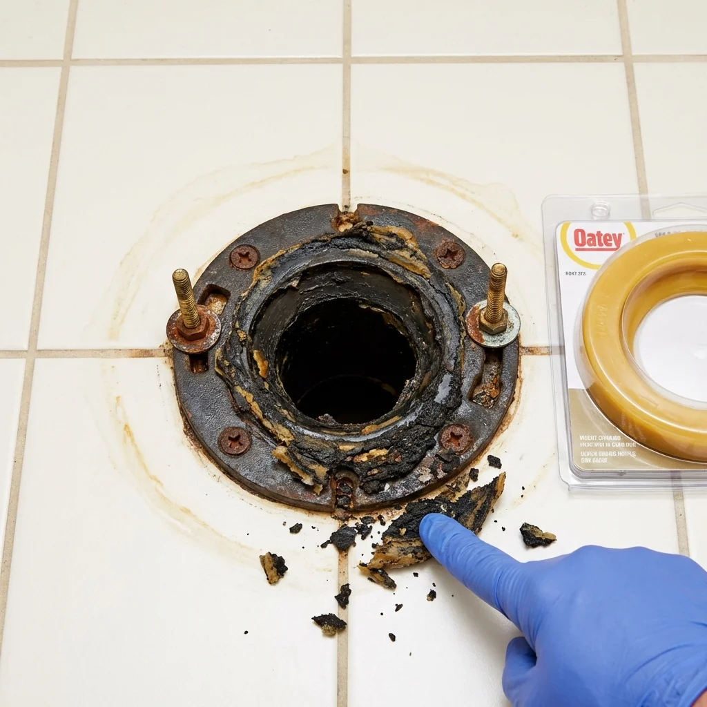 Failed wax ring showing water seepage at the base of a toilet in a Jamaica, VT home