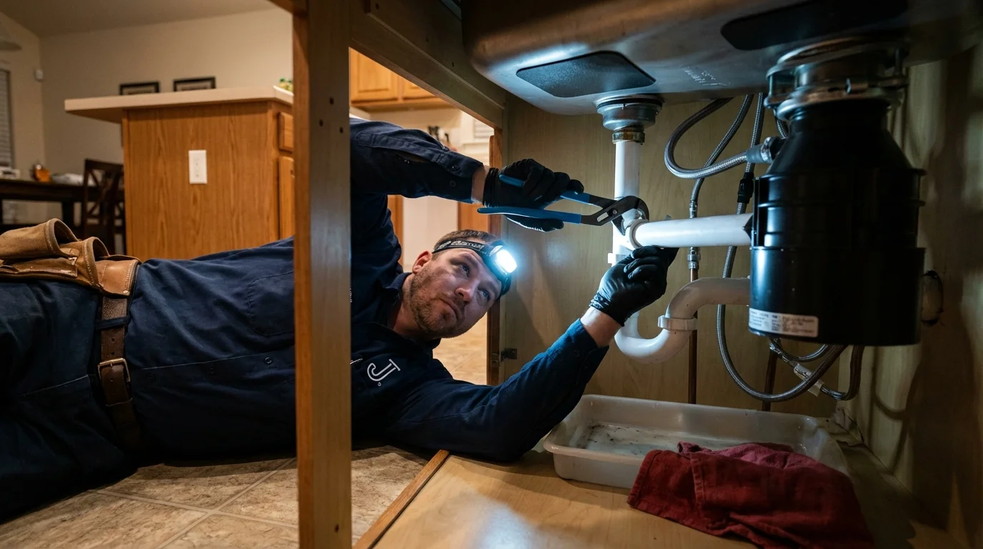P-trap and supply line connections under a kitchen sink showing a common leak point in Jamaica, VT